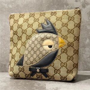 Gucci Beige and Black Bird Design Pouch